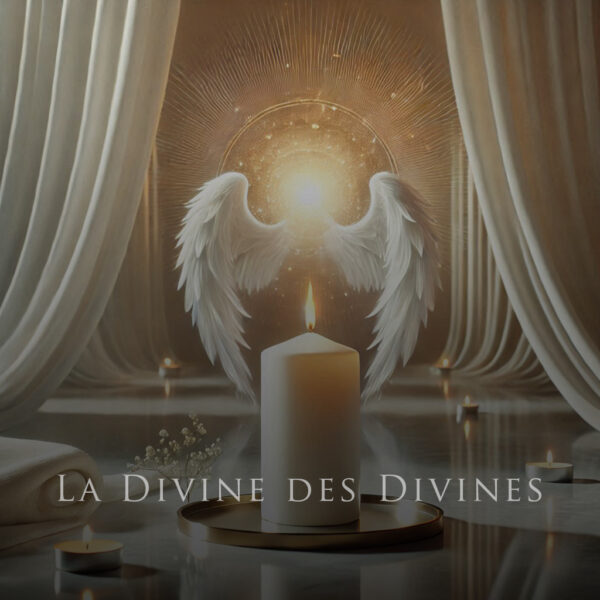 Bougie Divine des Divines infusée par la Mère Divine, diffusant amour et lumière divine dans un espace sacré.