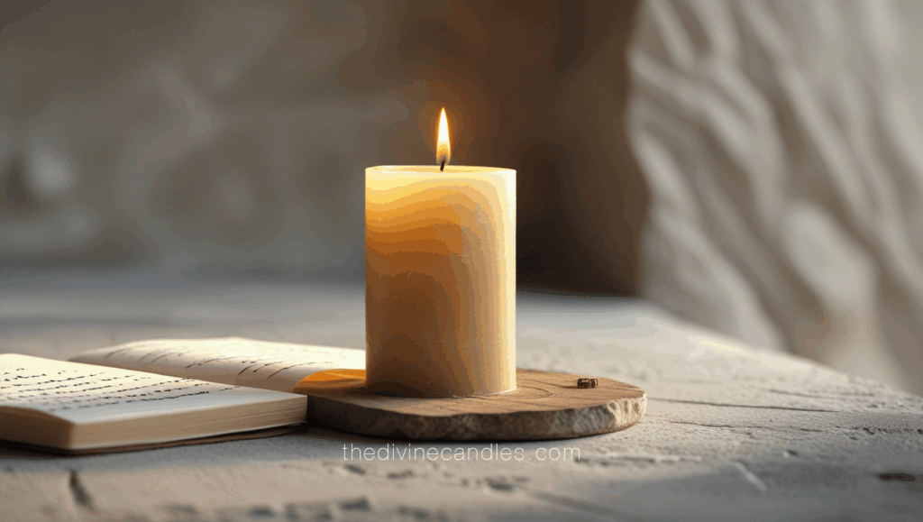 A beige candle lit on wood with a handwritten intention note beside it, in a peaceful and meditative space.