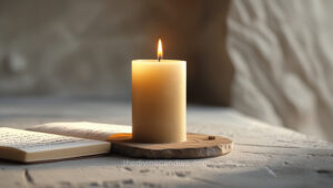 A beige candle lit on wood with a handwritten intention note beside it, in a peaceful and meditative space.