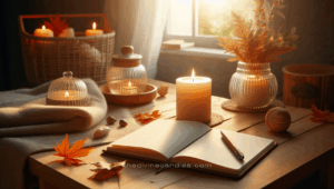 Simple white candle lit on a light wooden table, with an open notebook, pen, and autumn leaves, bathed in soft morning light.