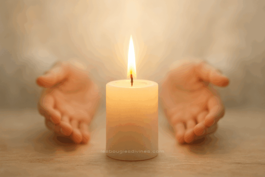 Lit candle surrounded by a luminous halo with hands in reverence.