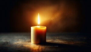 Golden flame of a Divine Candle surrounded by two open hands, symbolizing the luminous dialogue between the soul and the inner light.