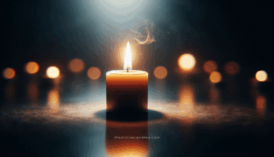 Lit candle in the dim light, surrounded by a soft halo.