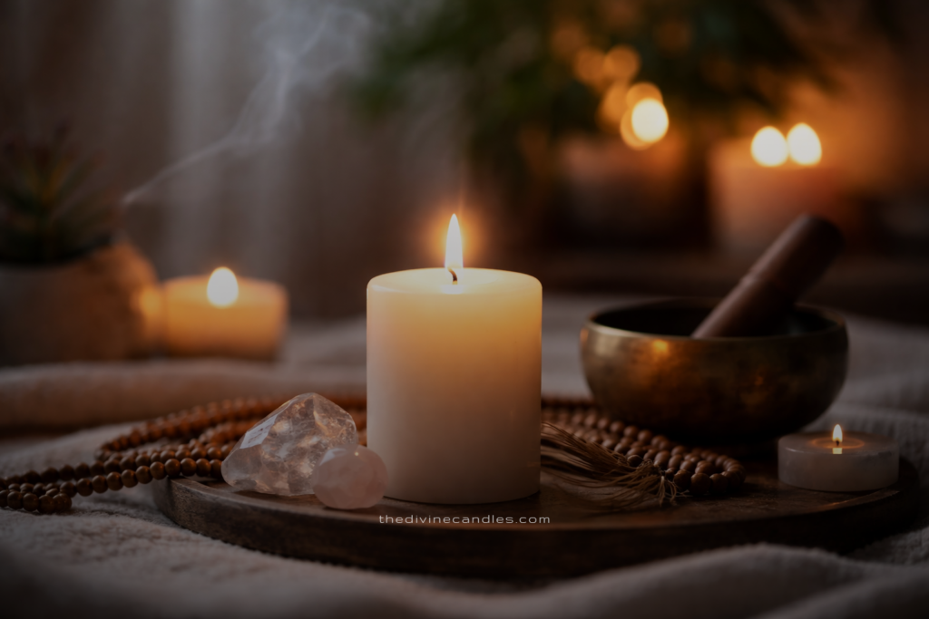 Lit candle in a calm, quiet space, symbolizing silence before lighting a Divine Candle.