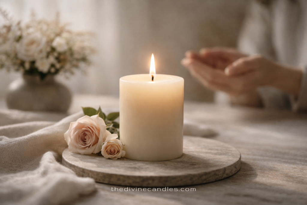 Ivory pillar candle burning softly beside pale roses in a calm, minimalist interior setting.