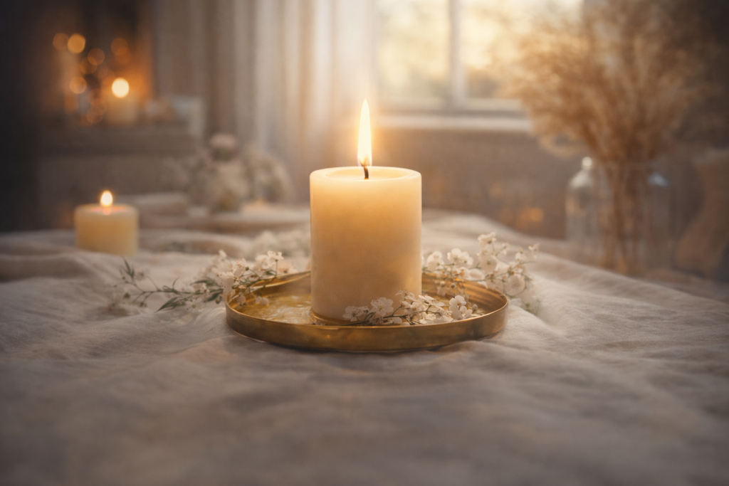 Lit candle on a golden tray in soft natural light evoking inner renewal and peaceful spring energy