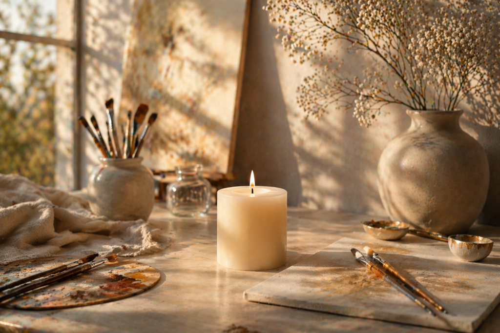 Lit white candle in an elegant artist studio with soft natural light and creative tools