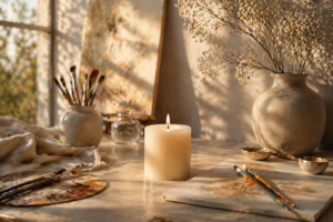 Lit white candle in an elegant artist studio with soft natural light and creative tools